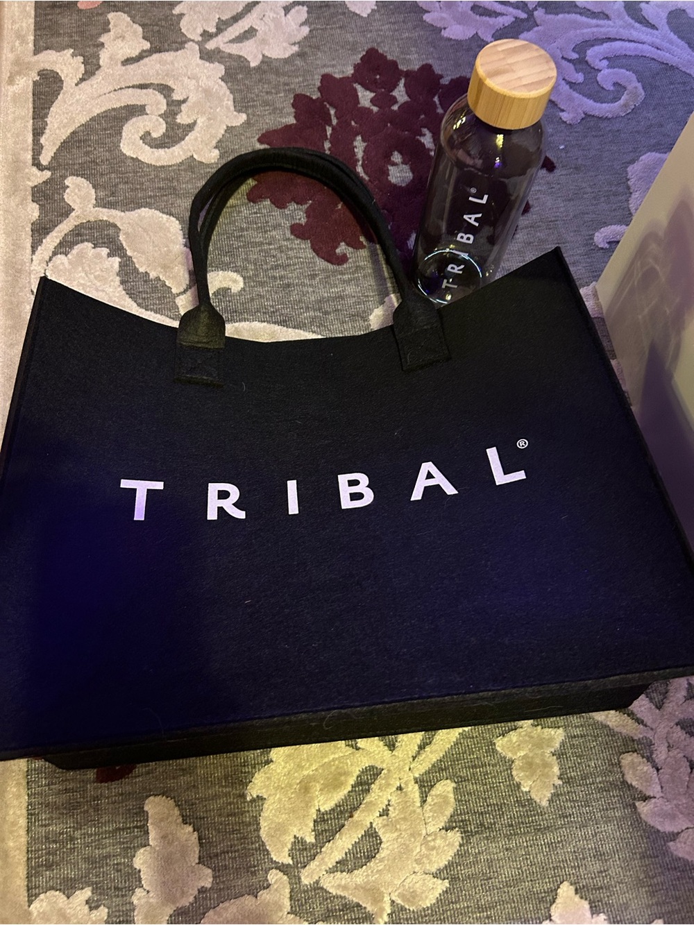 Tribal brand felt shopping tote bag with water bottle